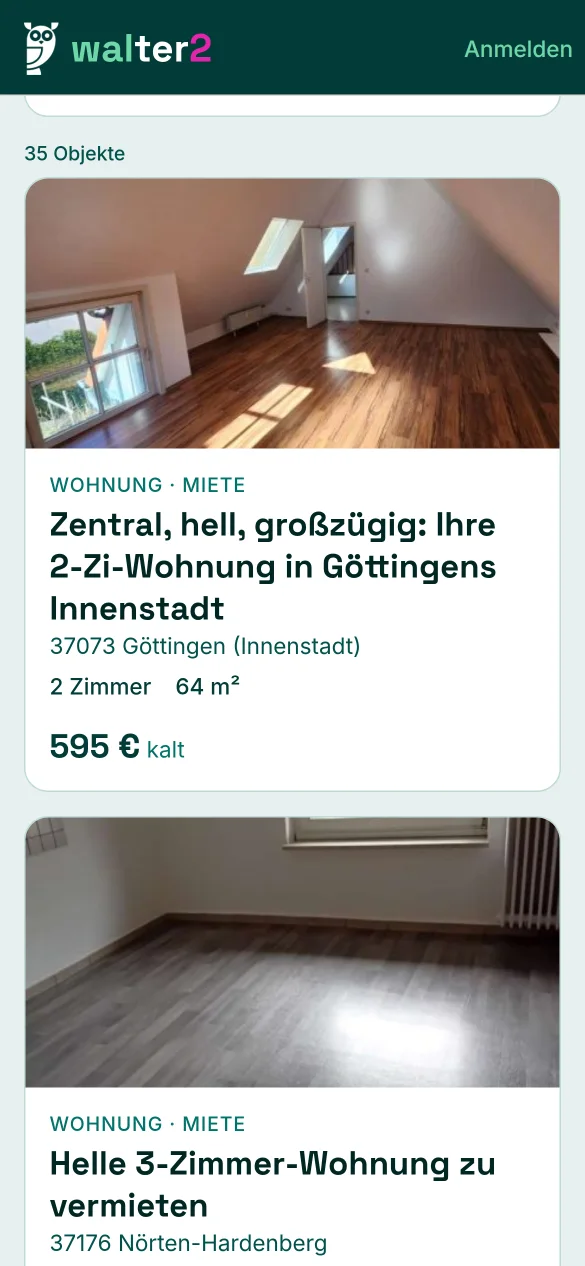 Die walter2-App: Suchleiste und Trefferliste mit Fotos von Wohnungen in Göttingen.