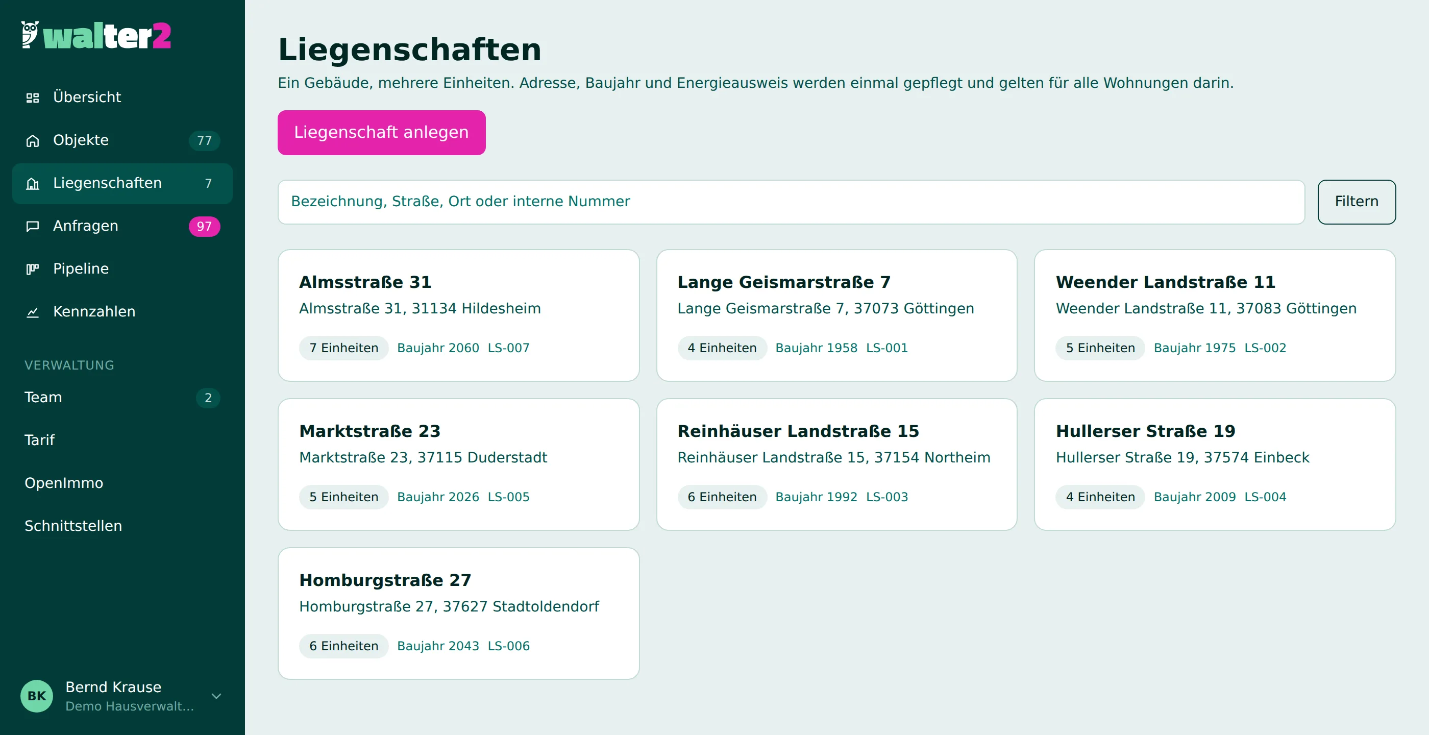Liegenschaften als Karten mit Adresse, Zahl der Einheiten und Baujahr