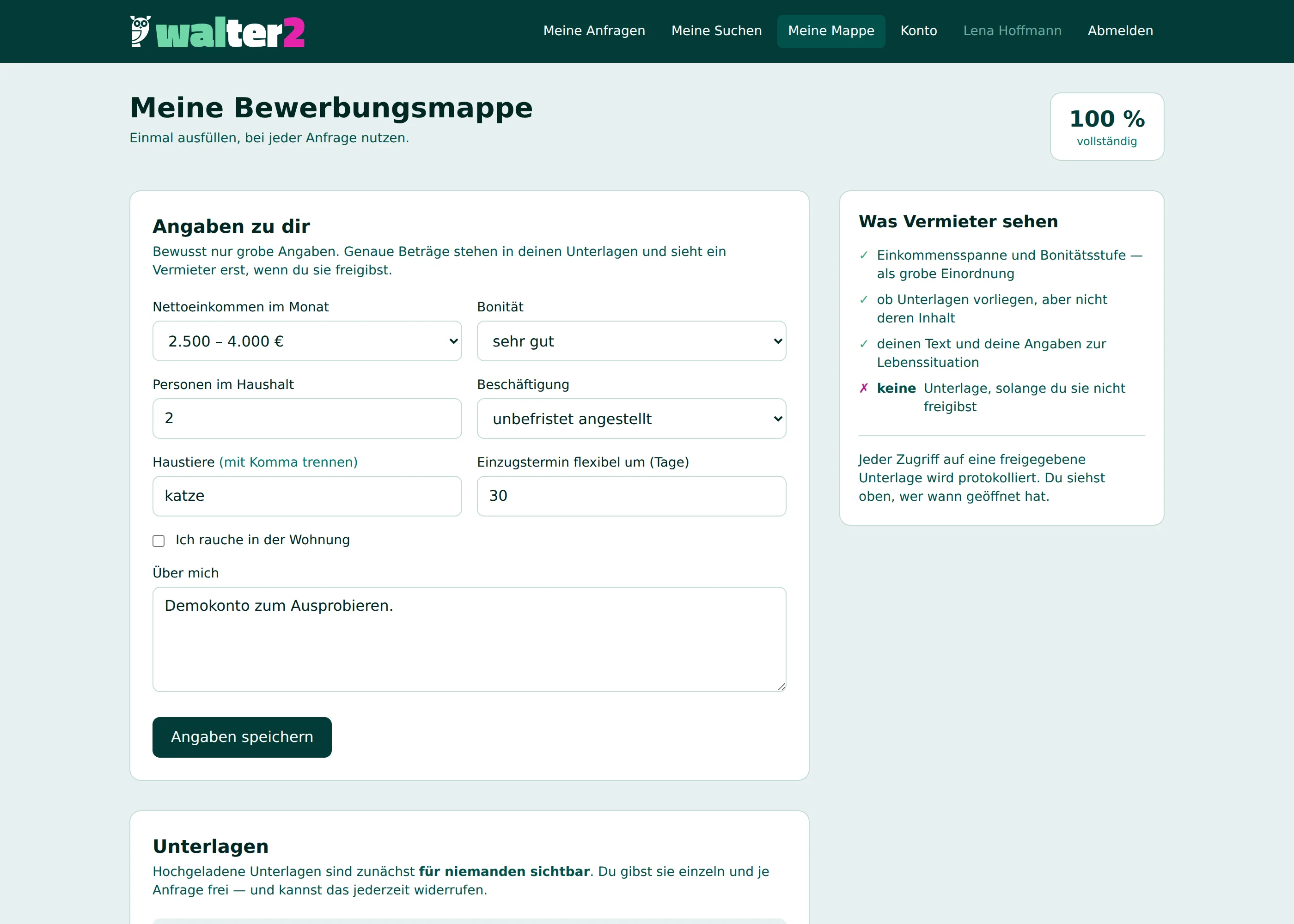 Bewerbungsmappe mit Angaben zu Einkommen, Bonität und hochgeladenen Unterlagen